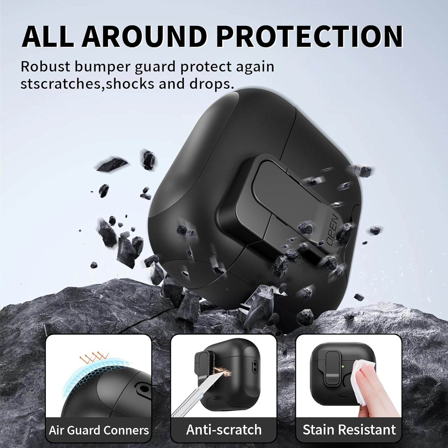 For Airpods 4 Case with Secure Lock,Automatic Magnetic Lock with Phone Holder Function,Shockproof Hard Protective Cover Cleaner Kit for Apple Airpod 4Th Generation Case 2024(Black-A)