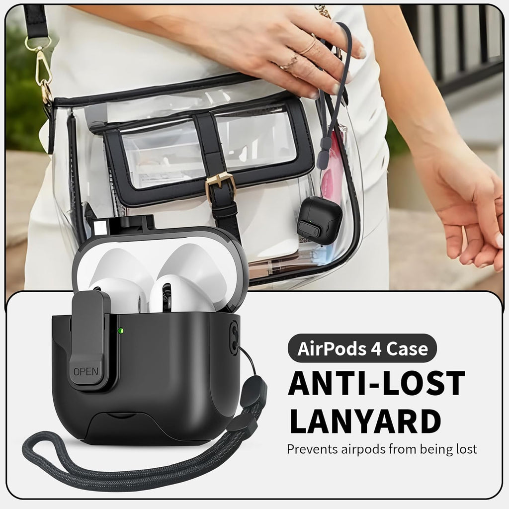 For Airpods 4 Case with Secure Lock,Automatic Magnetic Lock with Phone Holder Function,Shockproof Hard Protective Cover Cleaner Kit for Apple Airpod 4Th Generation Case 2024(Black-A)