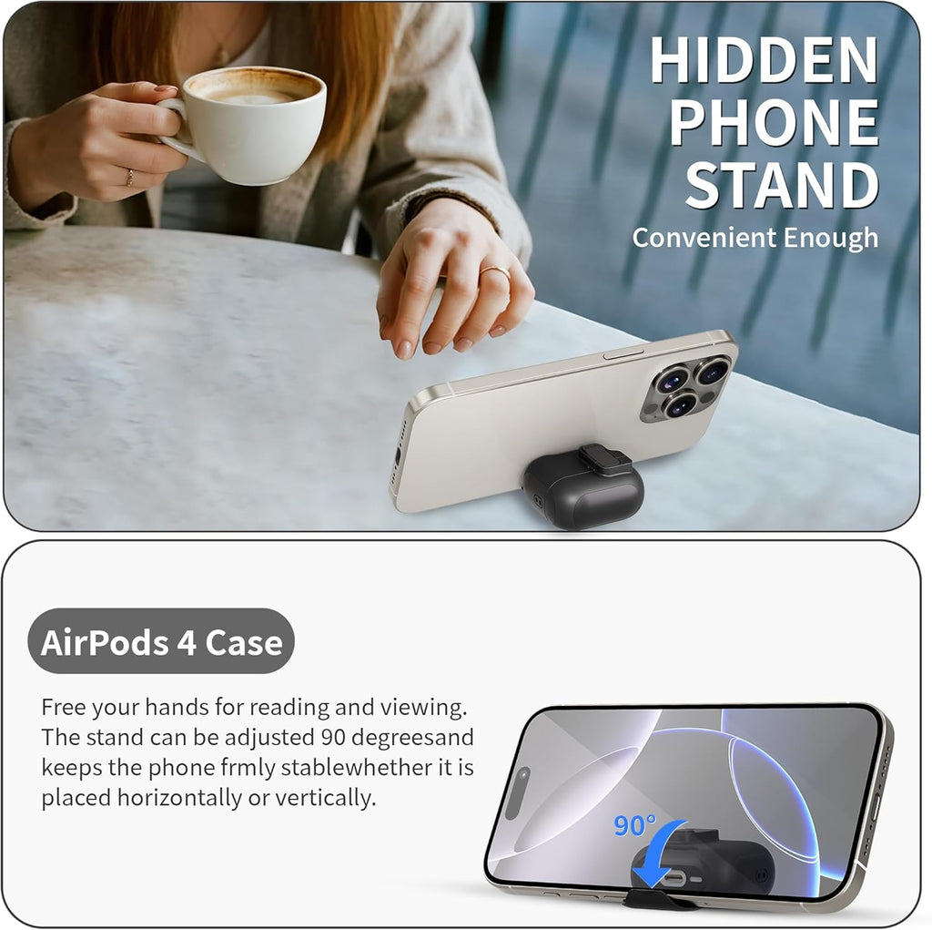 For Airpods 4 Case with Secure Lock,Automatic Magnetic Lock with Phone Holder Function,Shockproof Hard Protective Cover Cleaner Kit for Apple Airpod 4Th Generation Case 2024(Black-A)