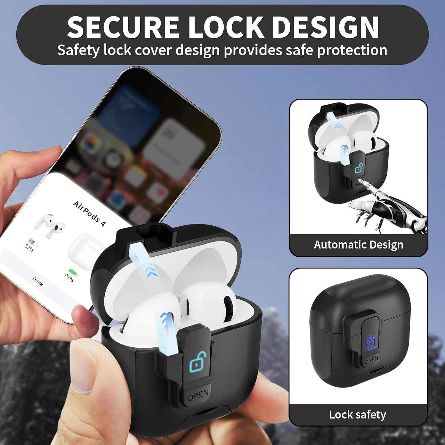 For Airpods 4 Case with Secure Lock,Automatic Magnetic Lock with Phone Holder Function,Shockproof Hard Protective Cover Cleaner Kit for Apple Airpod 4Th Generation Case 2024(Black-A)