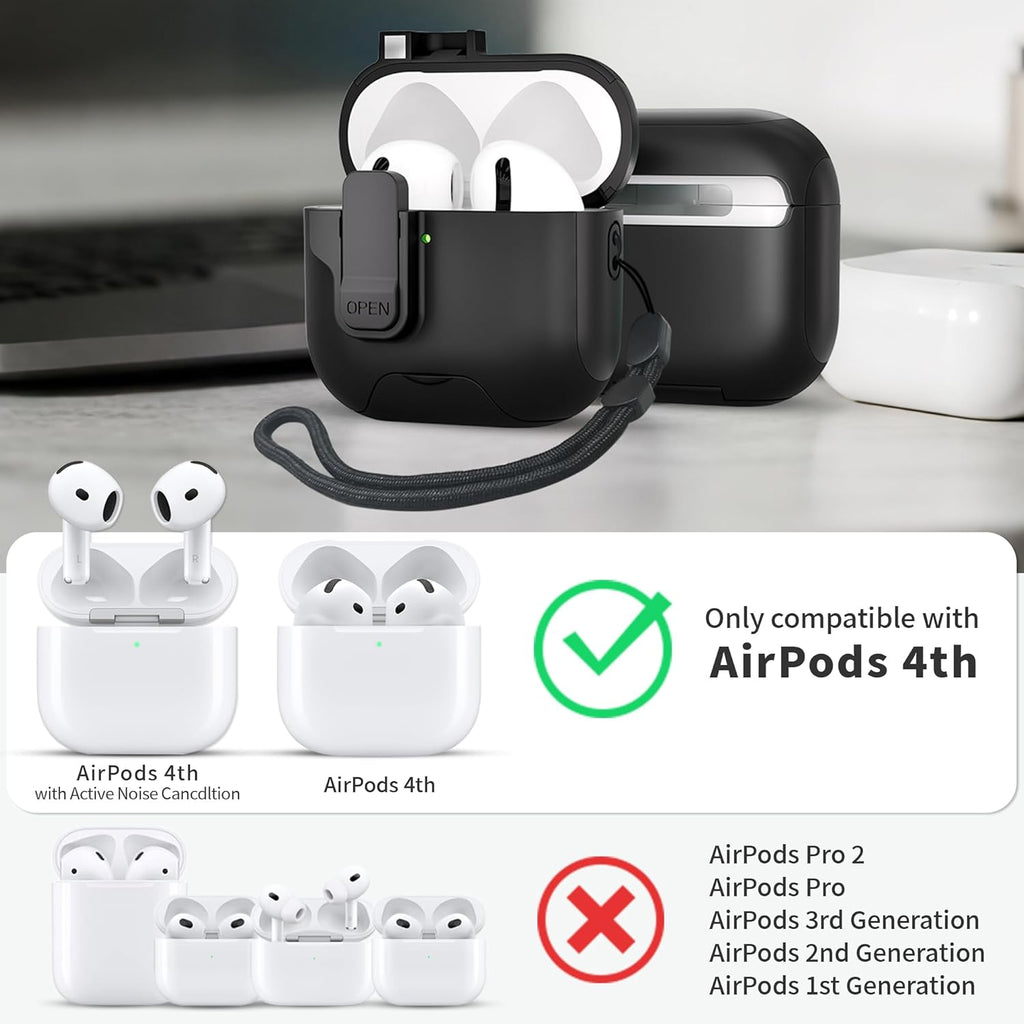 For Airpods 4 Case with Secure Lock,Automatic Magnetic Lock with Phone Holder Function,Shockproof Hard Protective Cover Cleaner Kit for Apple Airpod 4Th Generation Case 2024(Black-A)