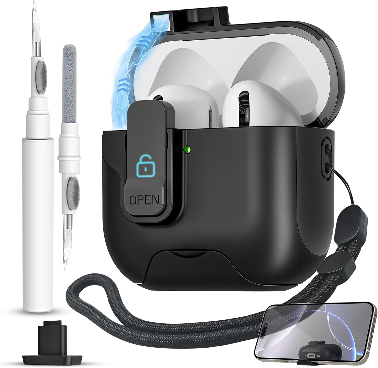 For Airpods 4 Case with Secure Lock,Automatic Magnetic Lock with Phone Holder Function,Shockproof Hard Protective Cover Cleaner Kit for Apple Airpod 4Th Generation Case 2024(Black-A)